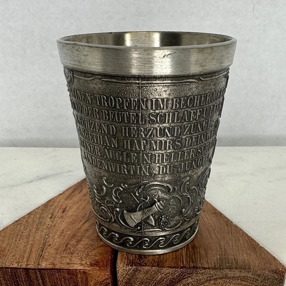 Vintage Ornate Frieling Zinn German Pewter Wine Cup Glass Embossed Mug